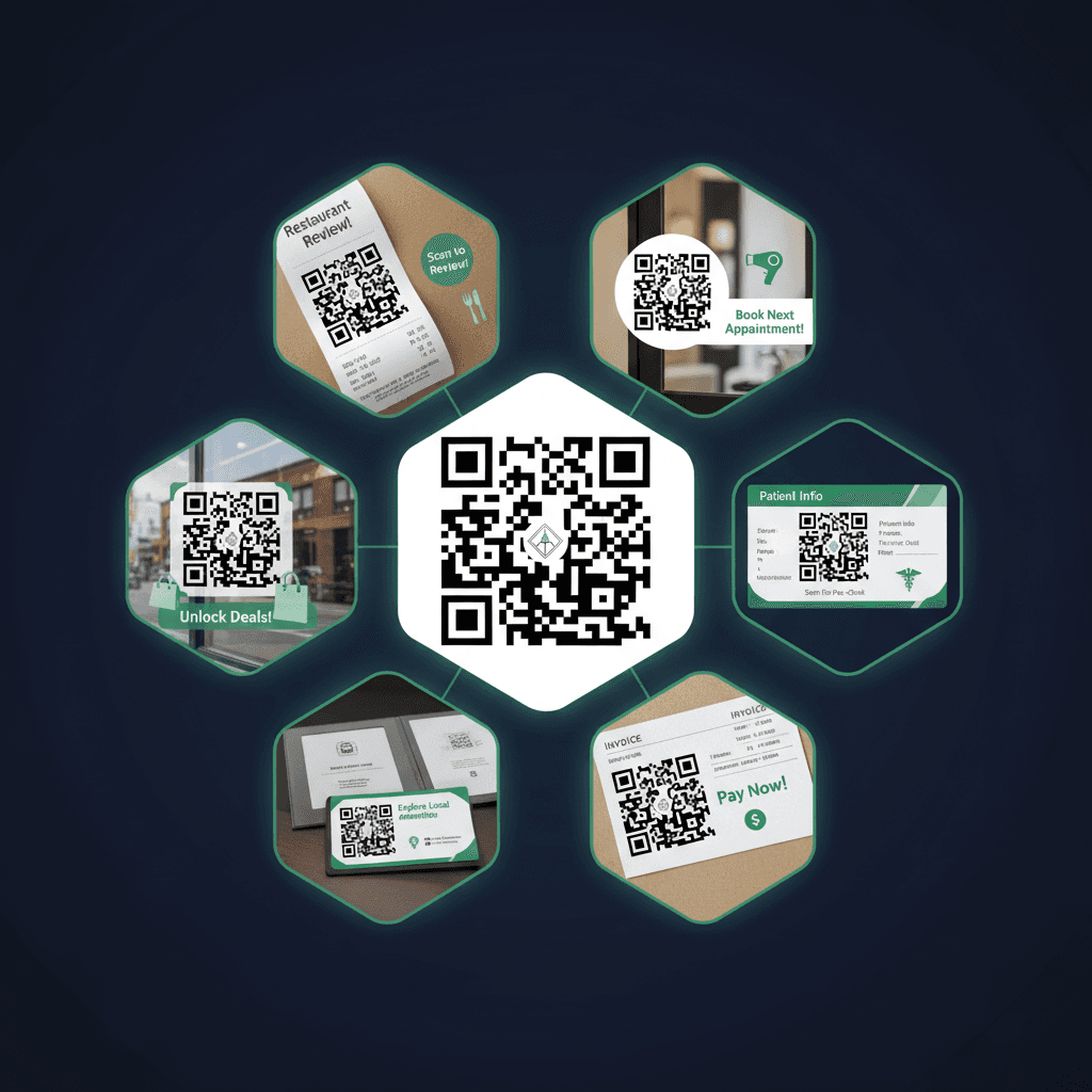 QR code showcased across six industries: restaurant receipts, salon mirrors, retail windows, clinic cards, hotel folders, and service invoices