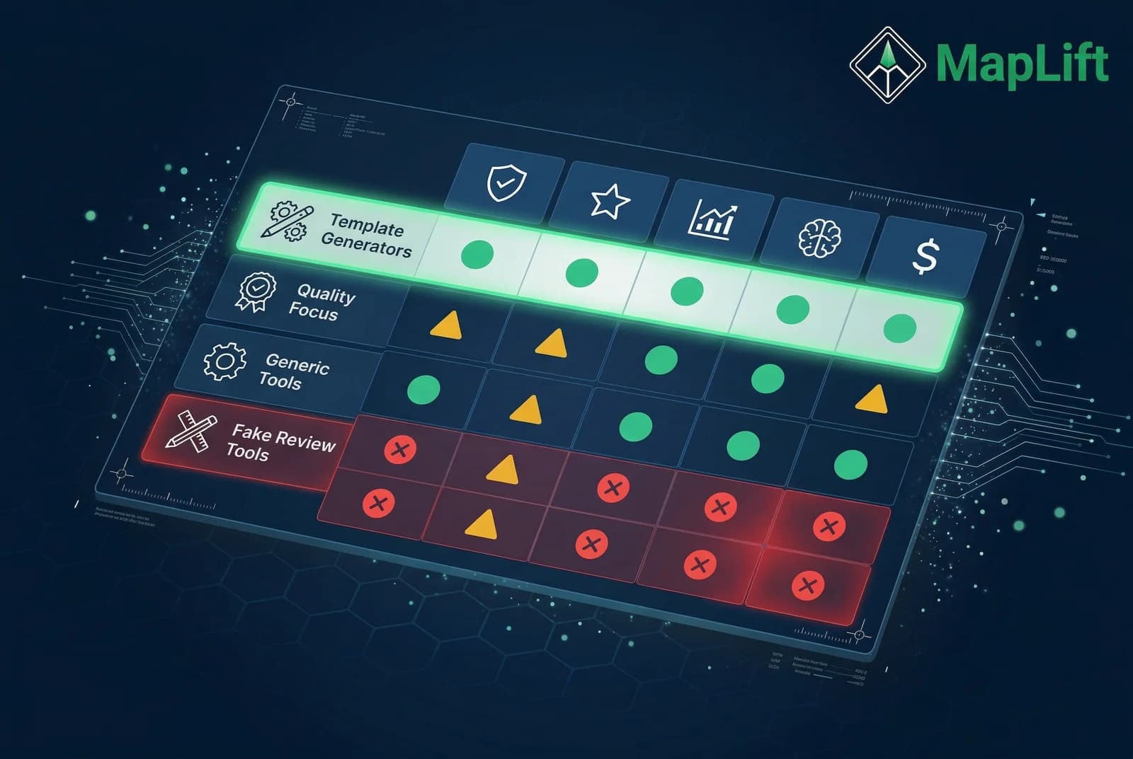 AI review writing tools comparison matrix showing ethical ratings, SEO impact, analytics capabilities, and pricing tiers across 7 tools