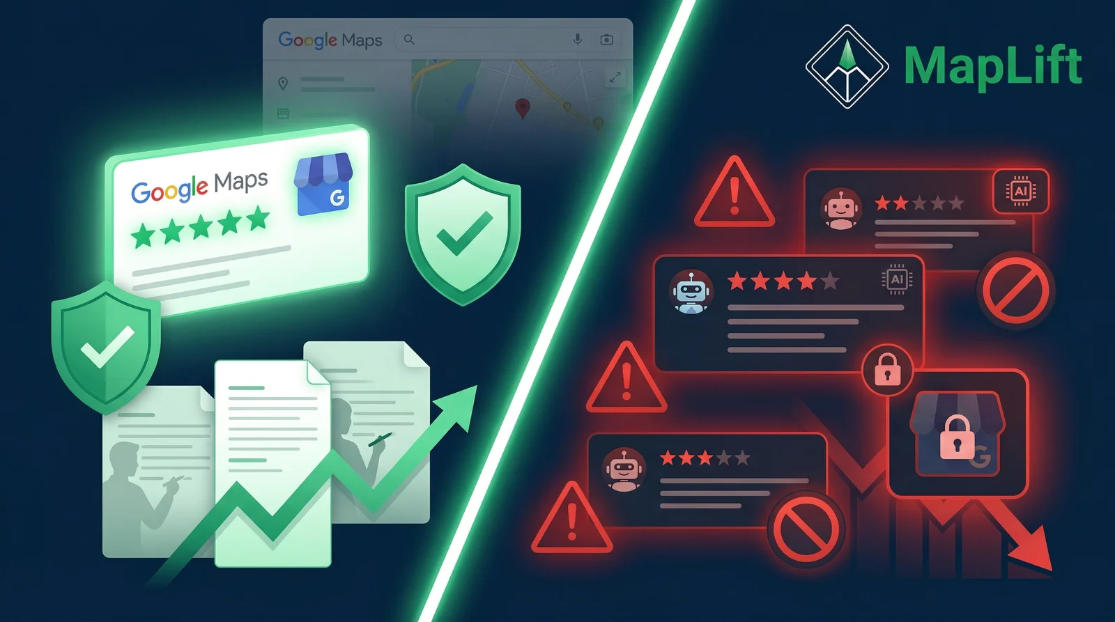 Ethical vs unethical AI review writing tools — split composition showing emerald ethical side with genuine templates and red warning side with fake review generation