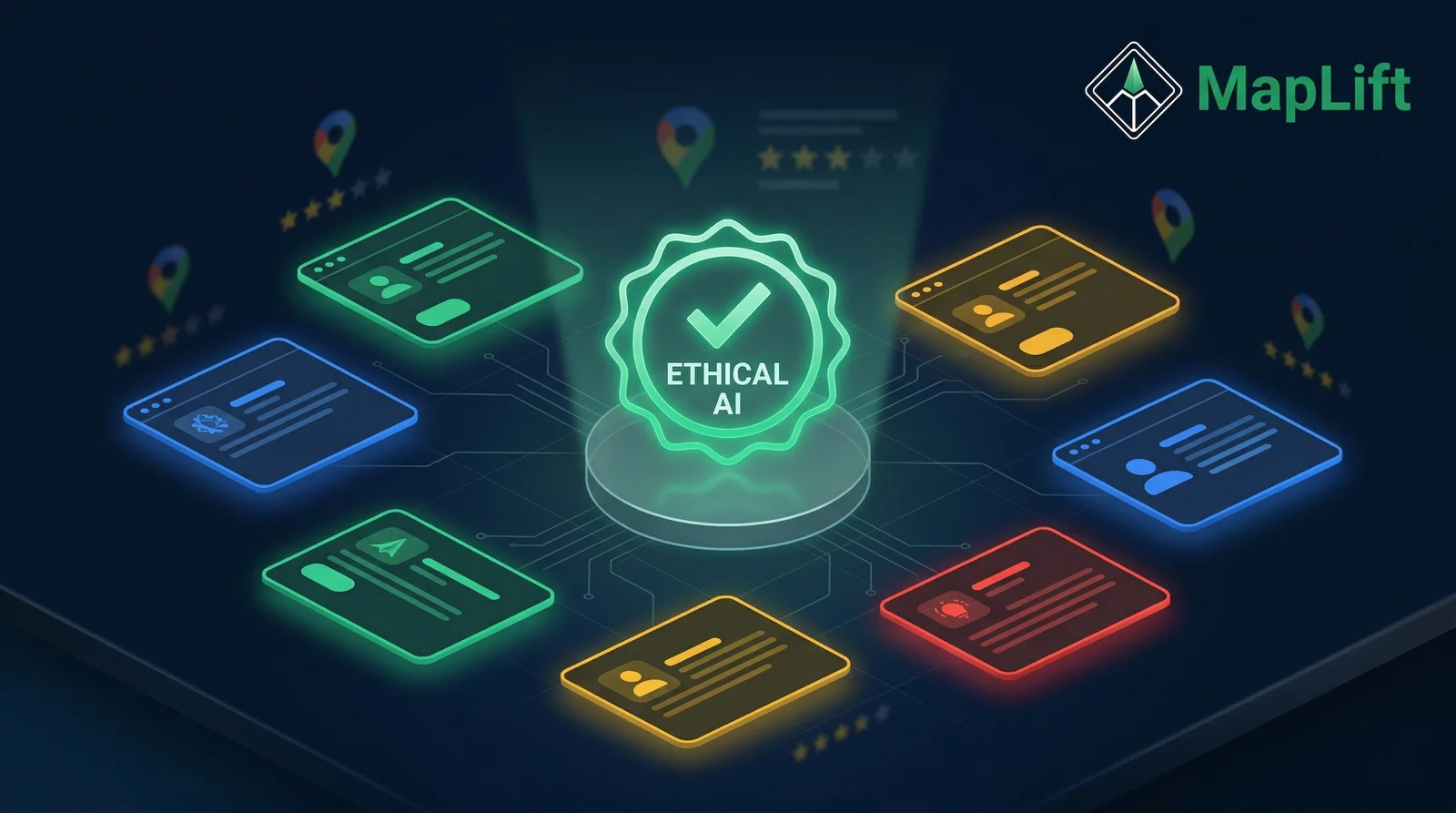 AI review writing tools constellation with ethical certification badge — scientific process visualization for Google Maps review tool comparison