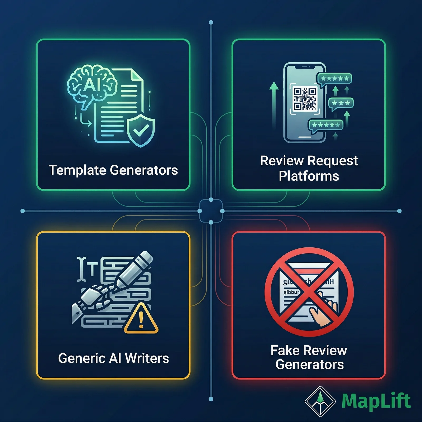 Four categories of AI review writing tools — template generators, review request platforms, generic AI writers, and fake review generators — classified by ethical standing