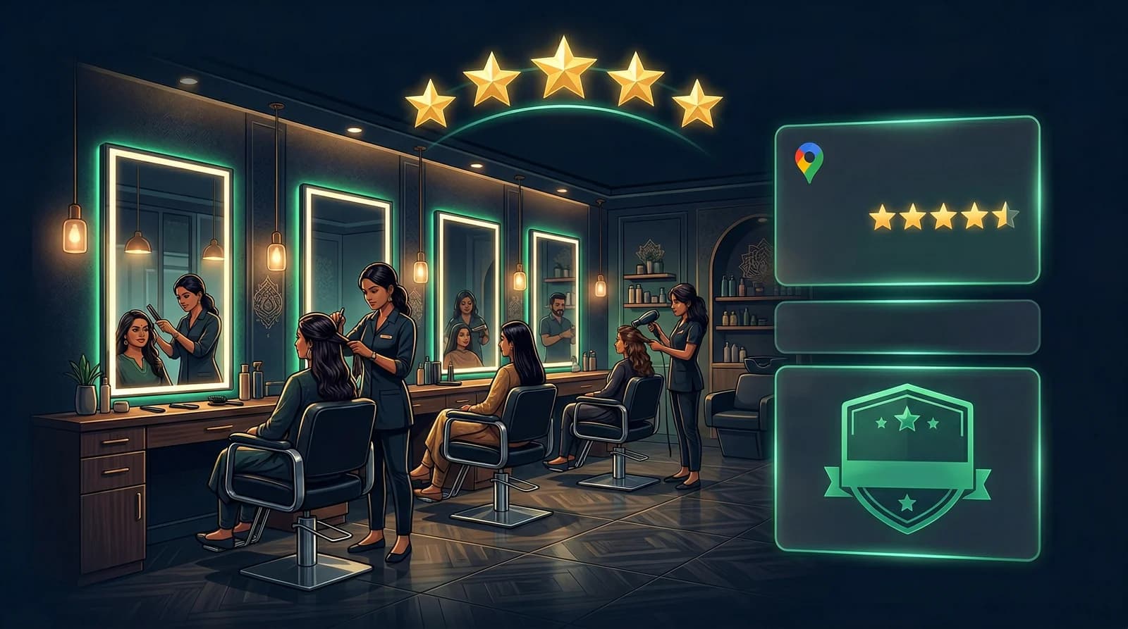 Modern Indian salon interior with floating Google review stars and ratings — Google reviews for salons India