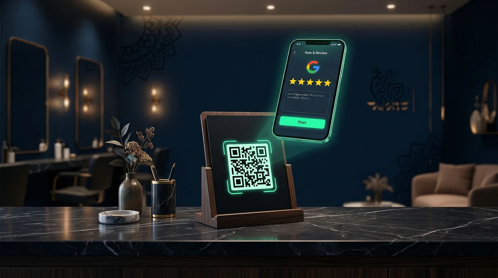 Salon reception desk with QR code display for collecting Google reviews — the moment-of-delight review request strategy for salons in India