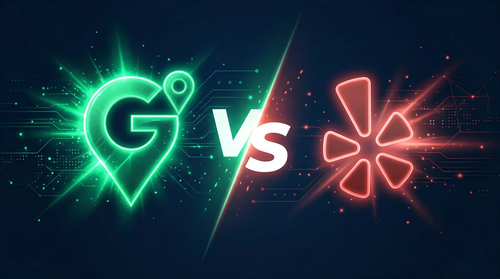 Google vs Yelp head-to-head comparison — Google Maps pin versus Yelp burst symbol on dark background