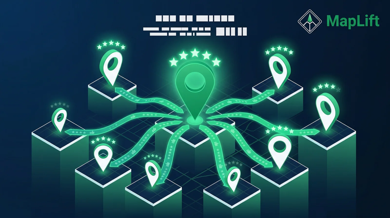 Multi-location review management network showing hub-and-spoke map pin connections across business locations