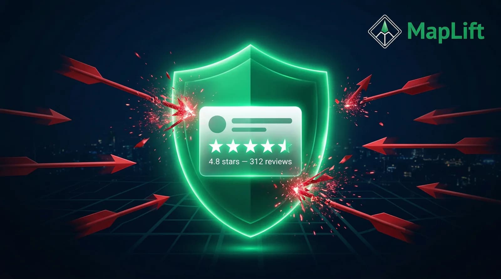 Emerald shield protecting a 5-star business rating from negative review attacks — negative review crisis management strategy