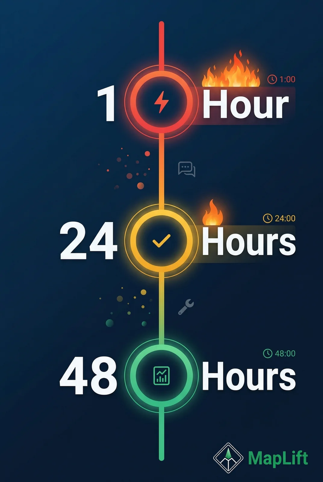 Optimal response timeline for negative review crisis management — 1 hour, 24 hours, 48 hours response windows with urgency indicators