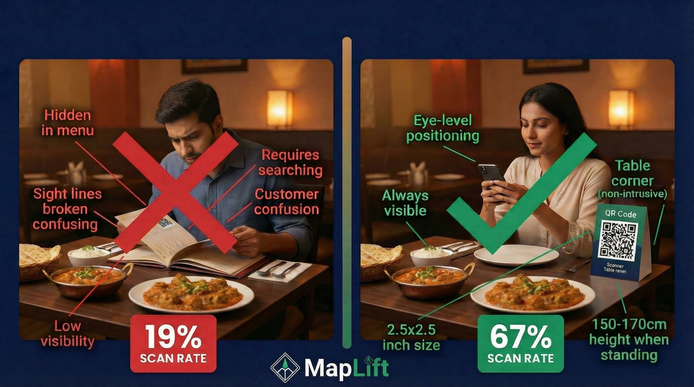 QR code placement comparison showing good vs bad locations with scan rate statistics - eye-level placement achieves 67% scan rate vs 19% for hidden menu placement