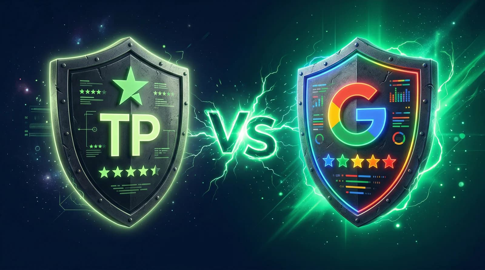 Trustpilot vs Google Reviews platform shields facing off in a dramatic versus composition
