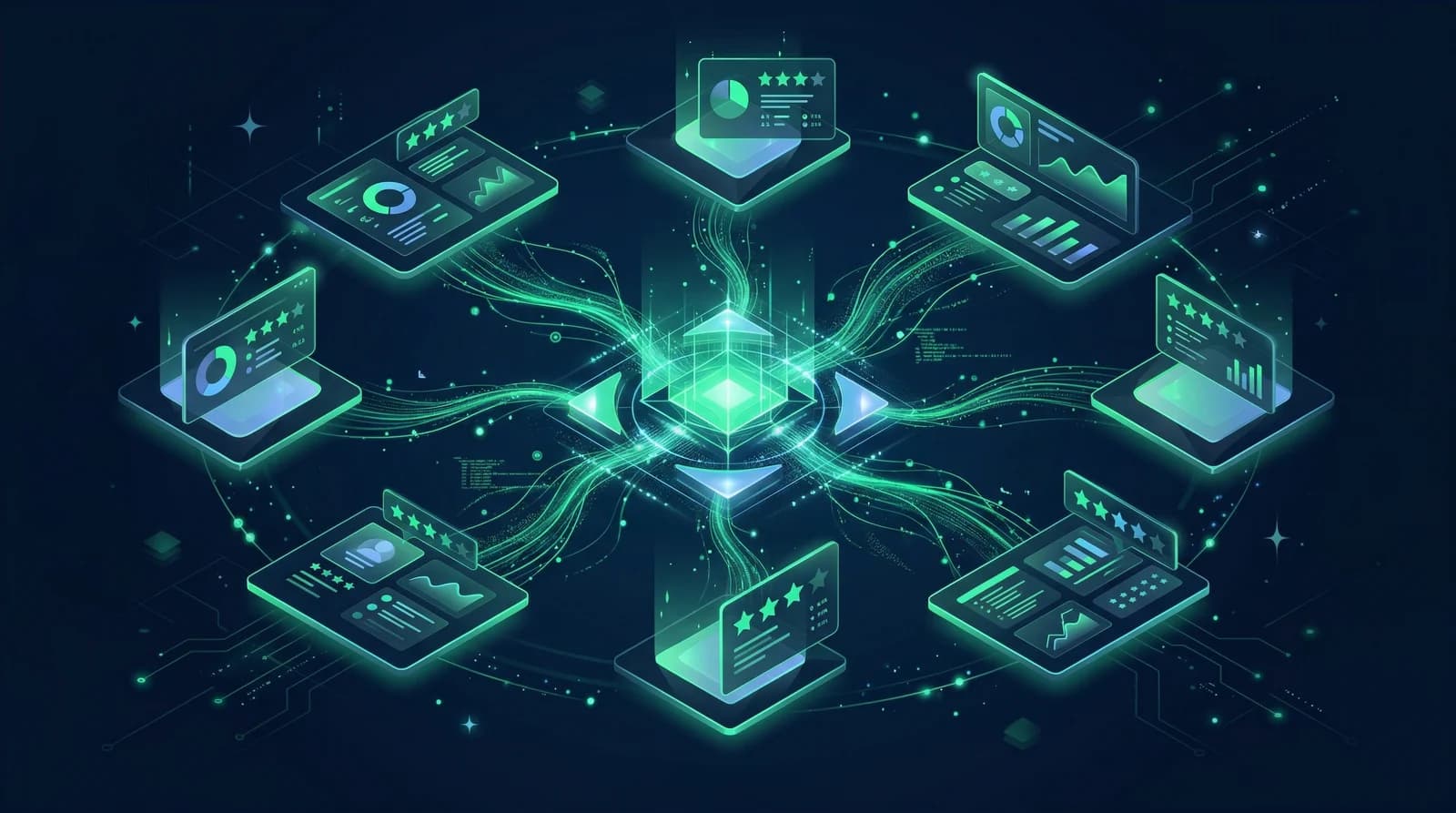 Yext alternatives review management platform landscape — multiple tools connected in a tech ecosystem