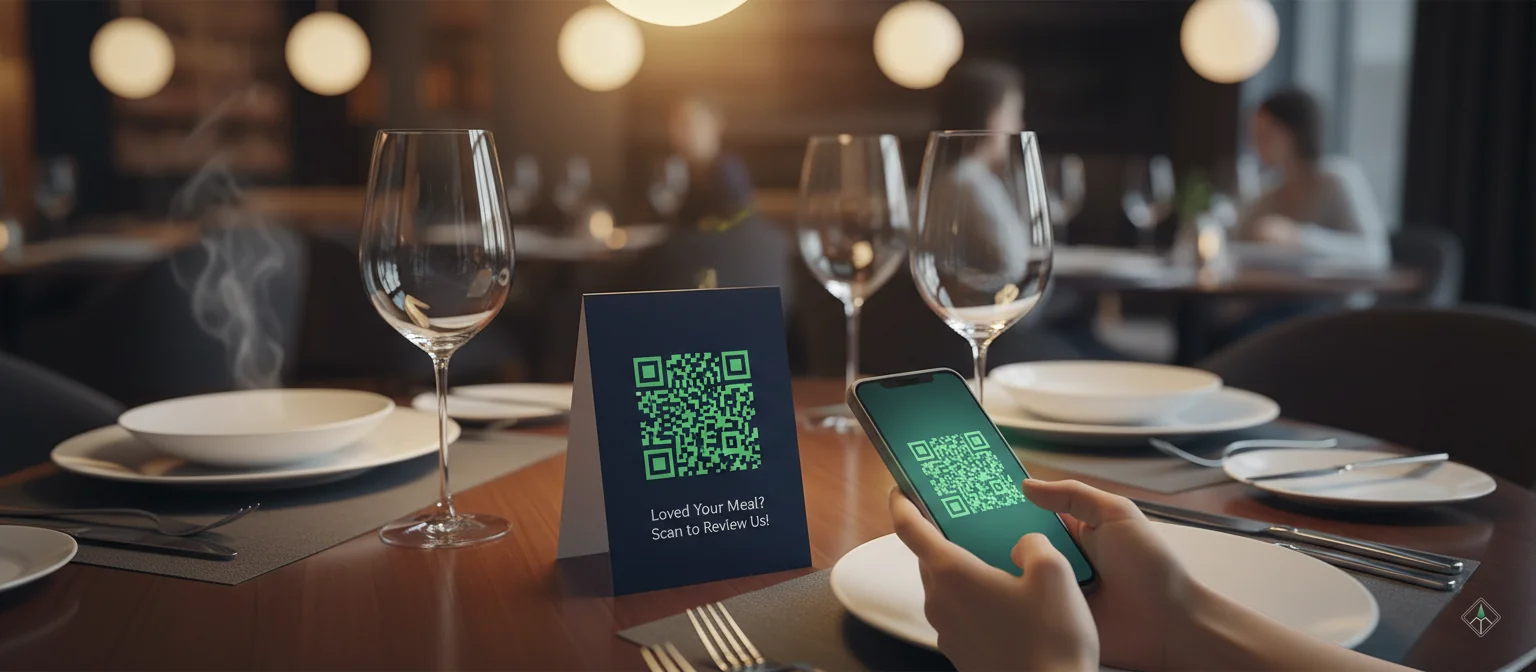 Restaurant with QR code table tent showing review collection in action