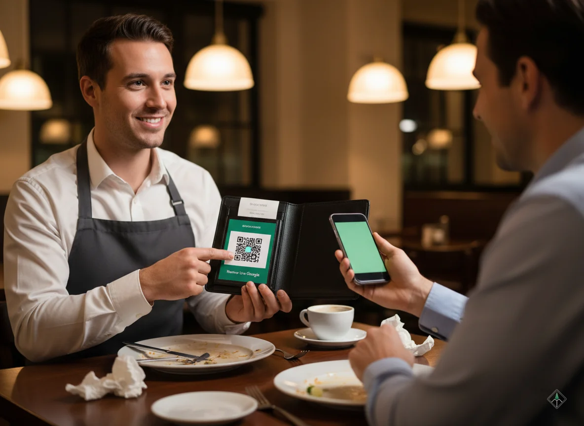 Server showing customer QR code check presenter for restaurant reviews