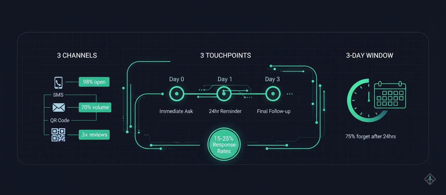 3×3 Method Framework for getting Google reviews - 3 channels, 3 touchpoints, 3-day window