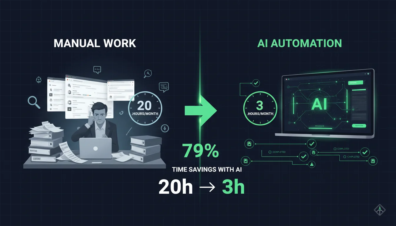 Manual vs AI comparison showing 6-hour manual process versus 15-second AI automation workflow