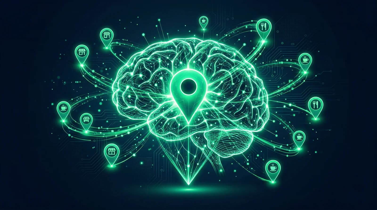 Gemini AI neural network brain merging with Google Maps pin — AI-powered local search optimization for Ask Maps