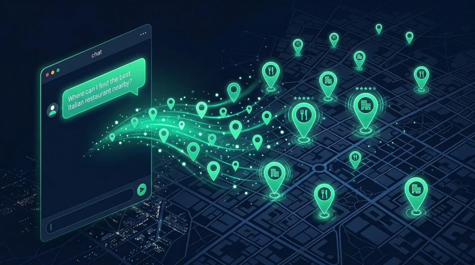 ChatGPT local business recommendations interface showing AI chat with location pins emerging for local search results