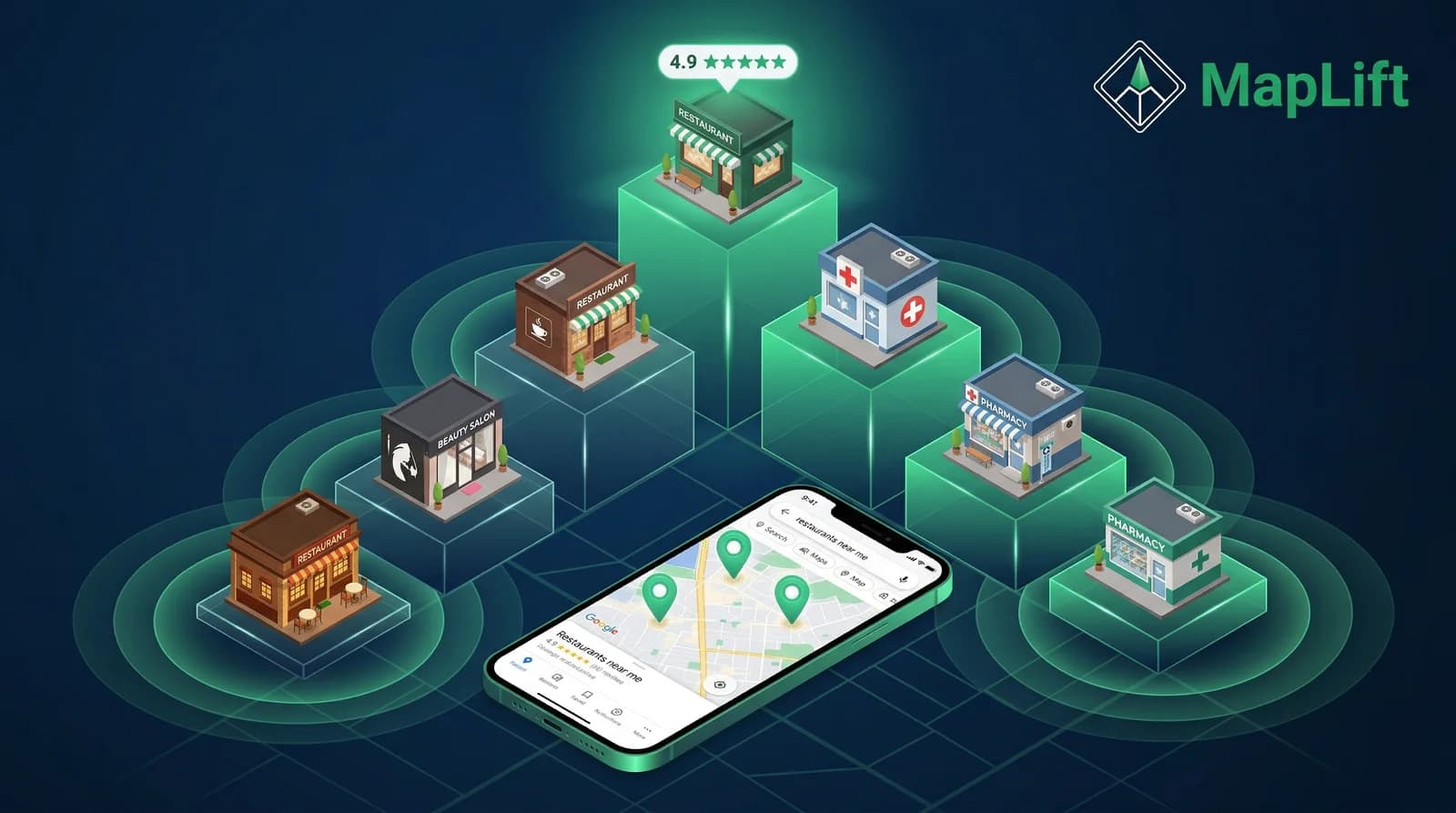 Isometric 3D visualization of local businesses rising through near me optimization on Google Maps
