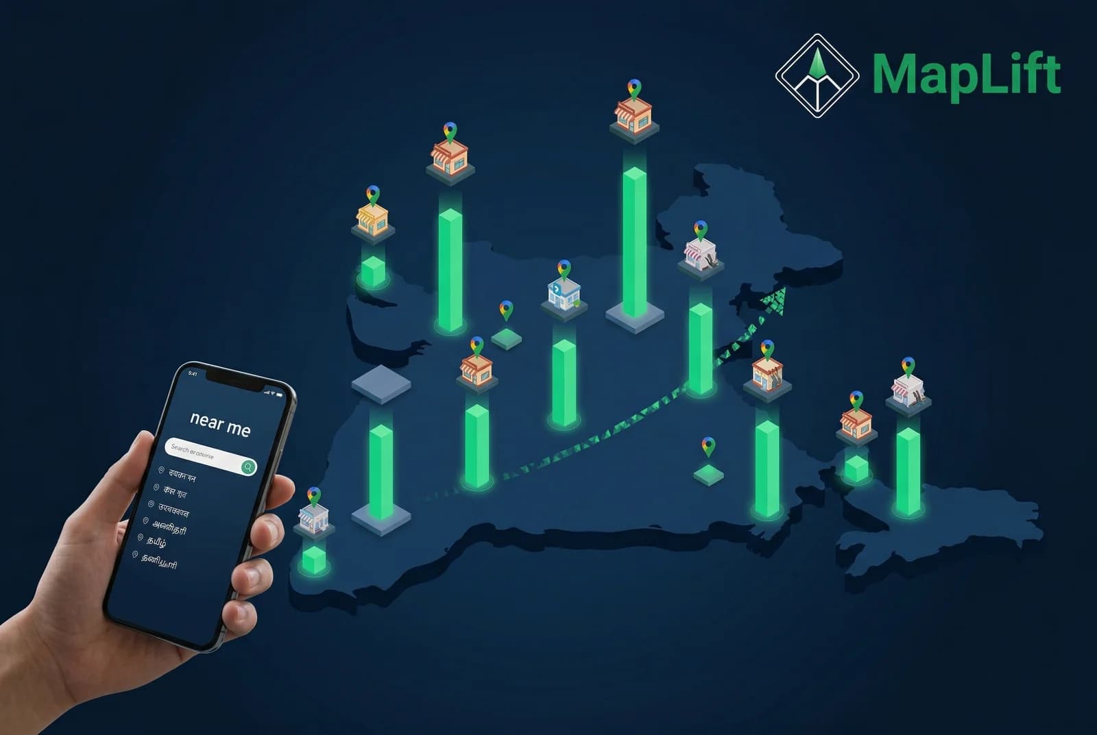 Isometric map showing near me search opportunity in India's tier 2 cities with rising local businesses