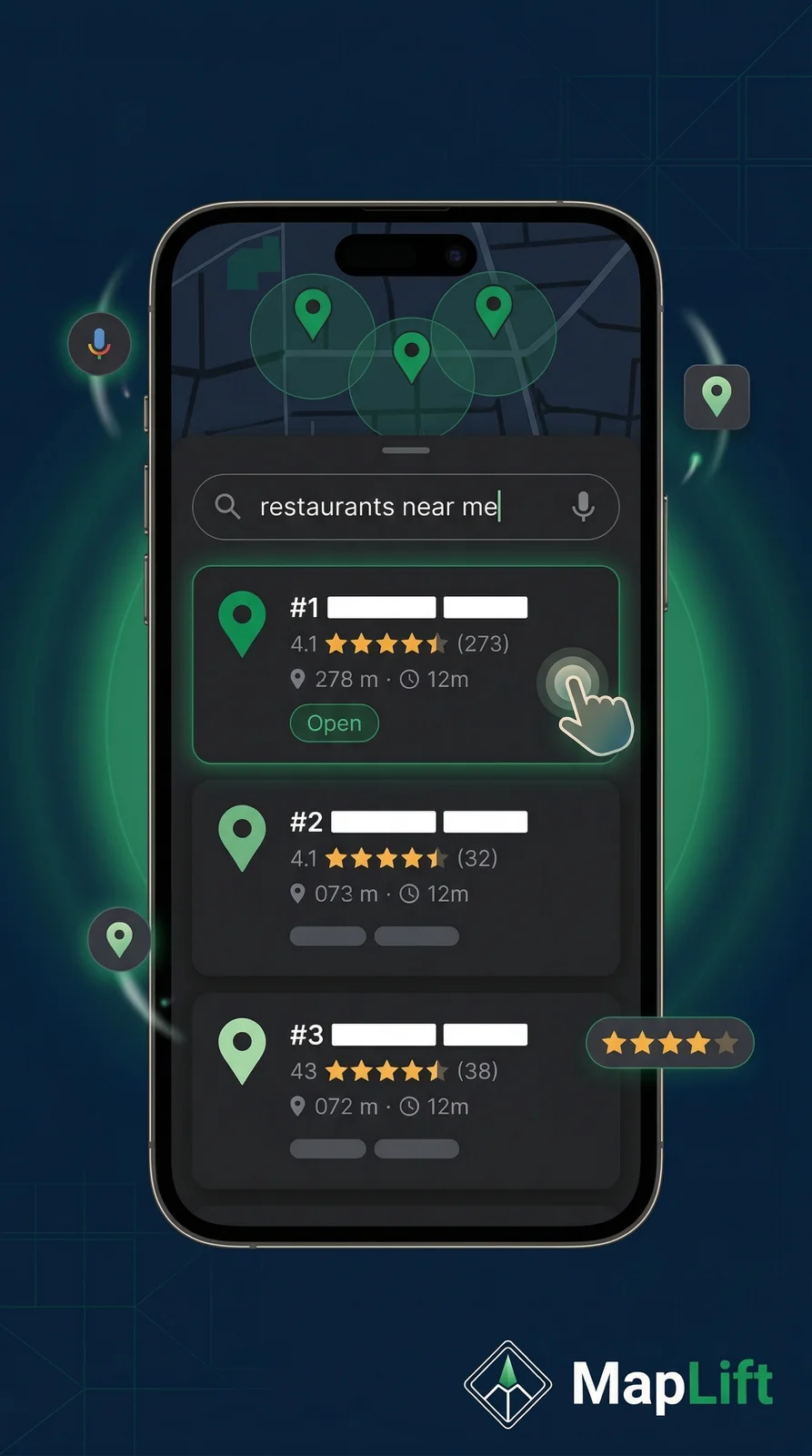 Smartphone mockup showing near me optimization results in Google Maps local 3-pack search