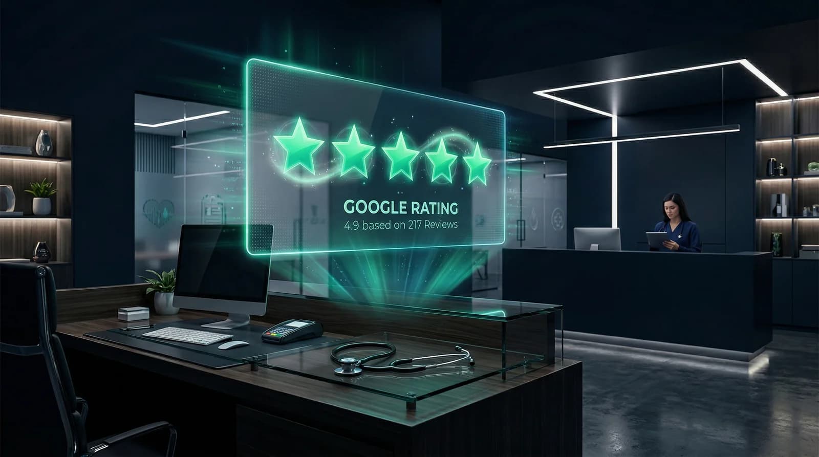 Google reviews for clinics doctors — holographic 5-star rating above a modern healthcare clinic reception