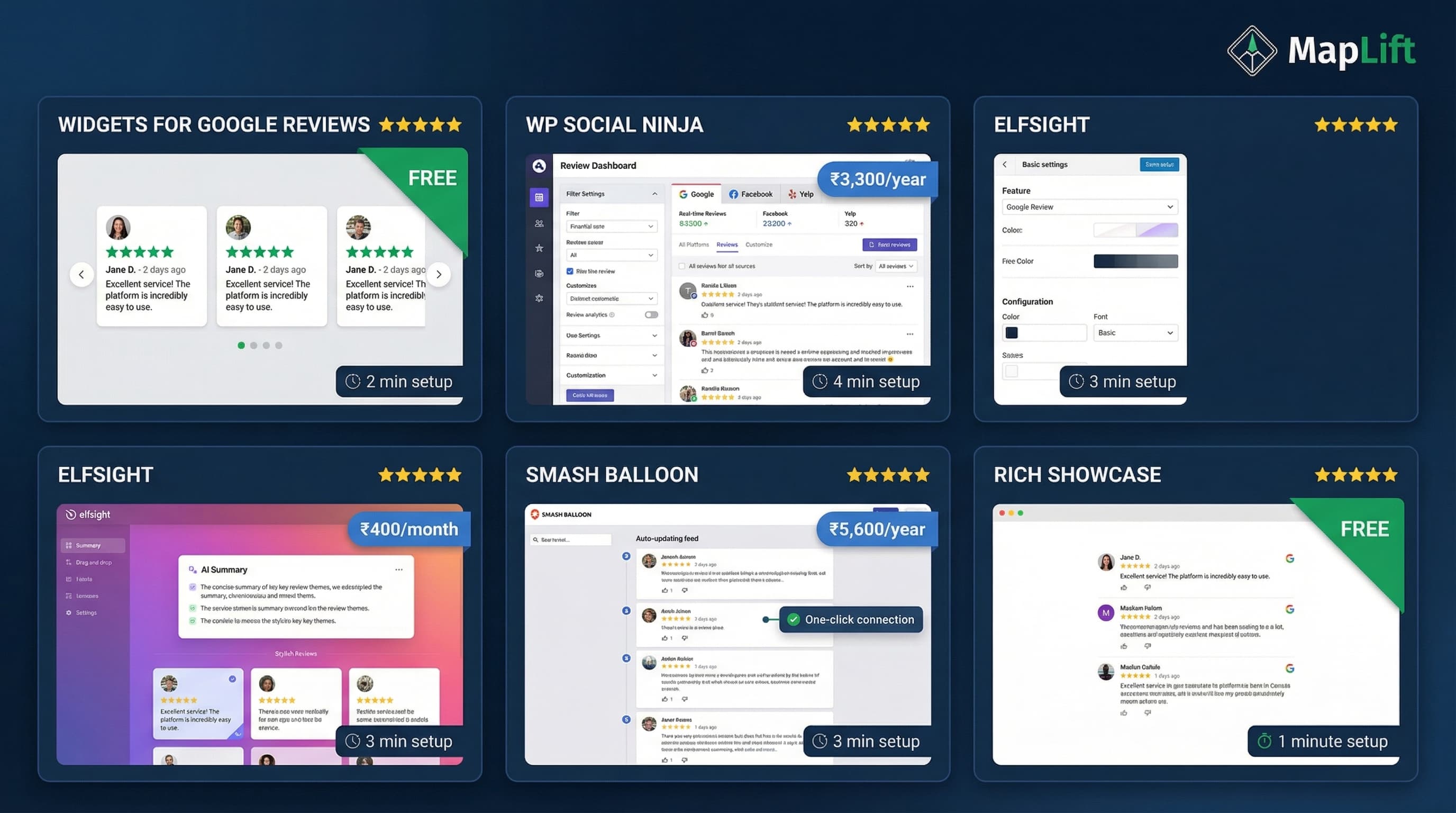 Side-by-side comparison of top 5 Google Reviews plugin interfaces showing Widgets for Google Reviews, WP Social Ninja, Elfsight, Smash Balloon, and Rich Showcase