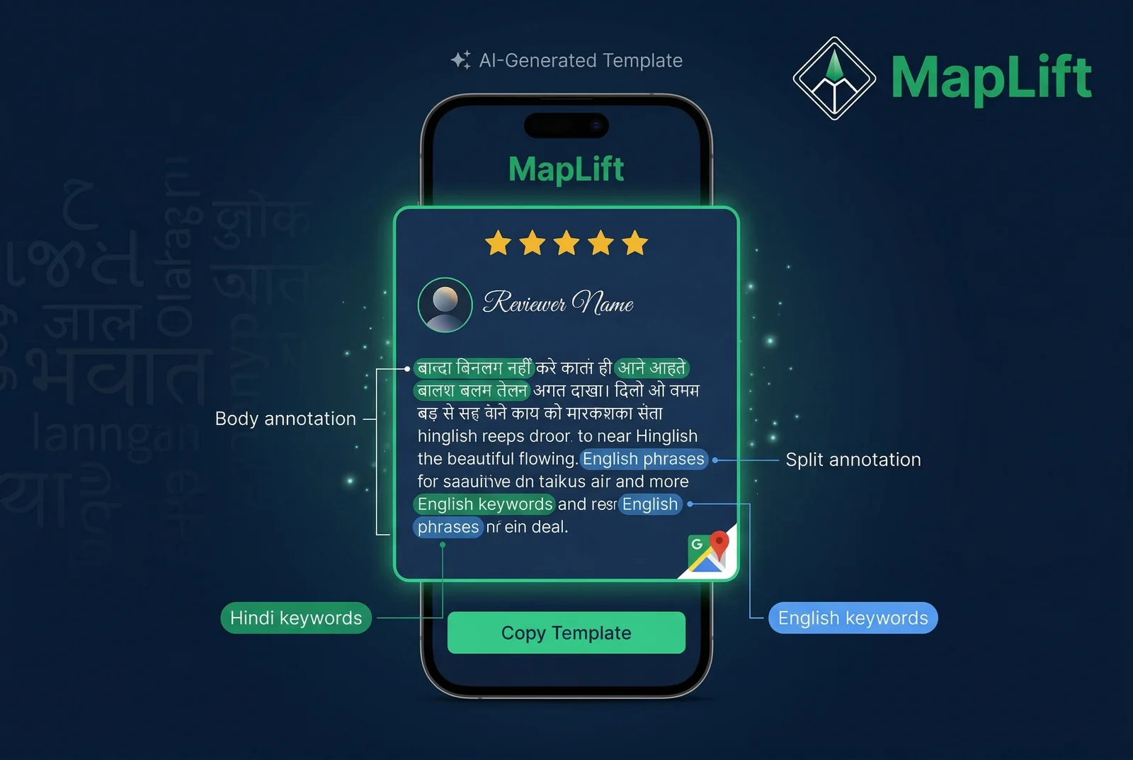 Beautiful bilingual Hindi and English Google review template showing how to structure reviews for Hindi Google reviews strategy