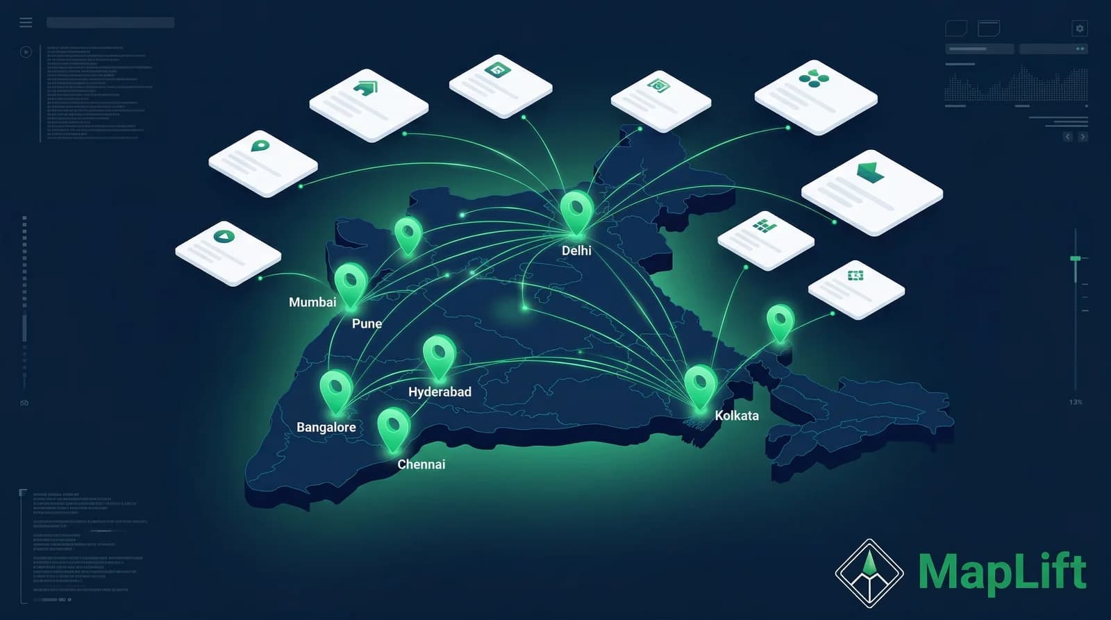 India citation network map showing local SEO citation building across Indian cities with emerald location pins and directory connections