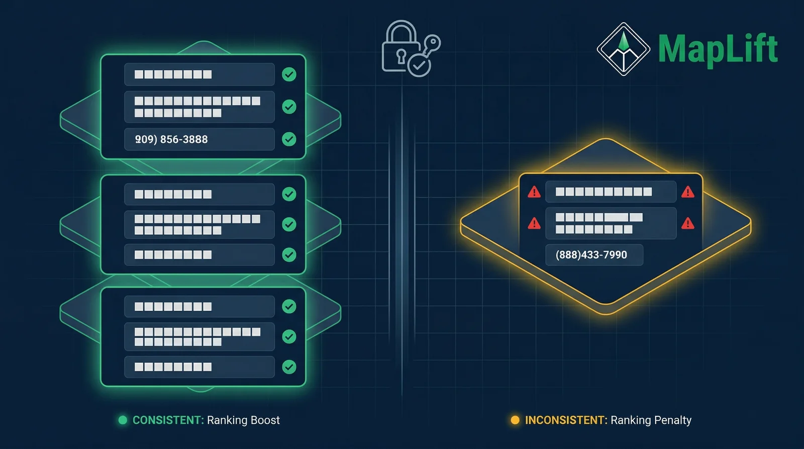 NAP consistency comparison showing correct vs inconsistent name address phone data for local SEO citation building India