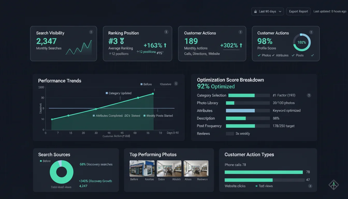 Google Business Profile Insights dashboard showing performance metrics and analytics