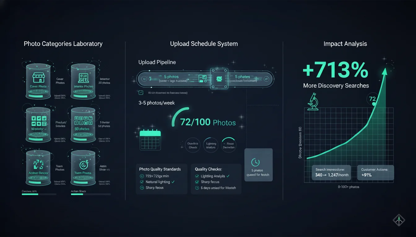 Google Business Profile photo upload strategy showing different photo categories and weekly upload cadence