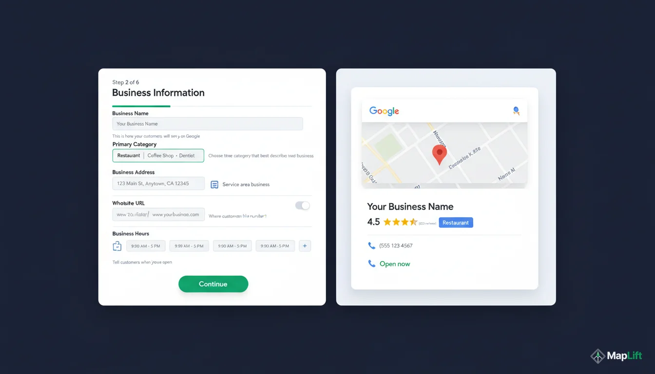 Google My Business information entry form showing business name, category, and address fields