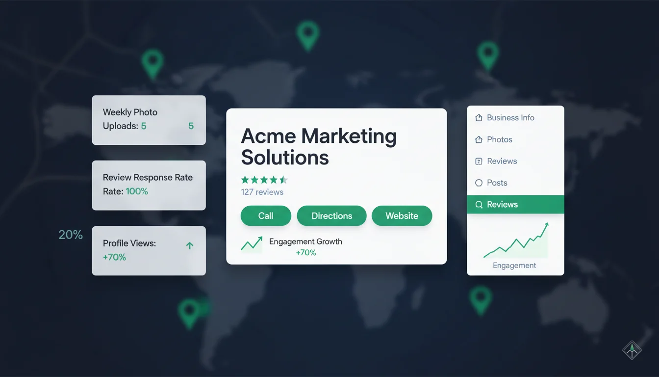 Google Maps listing anatomy showing business name, category, hours, reviews, photos, and description