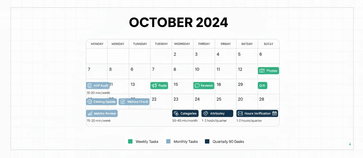 Weekly Google Maps listing optimization calendar showing Monday, Wednesday, Friday tasks with time estimates