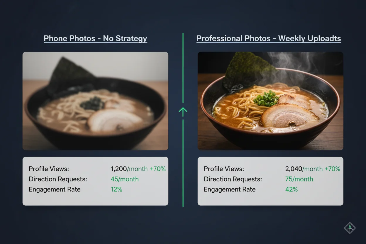 Before/after comparison showing Google Maps listing with 10 photos vs 100+ photos and engagement metrics