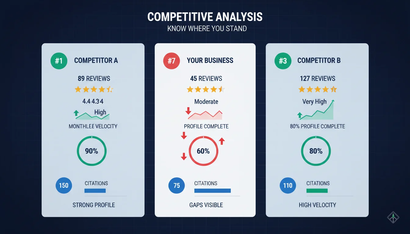 Competitive analysis dashboard showing competitor comparison metrics and gap analysis