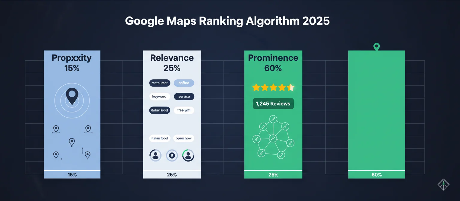 Google Maps ranking algorithm breakdown showing 3 factors: 15% proximity, 25% relevance, 60% prominence