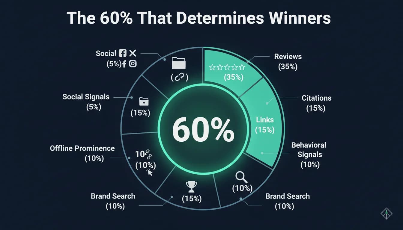 Google Maps ranking factor distribution chart - 15% proximity, 25% relevance, 60% prominence