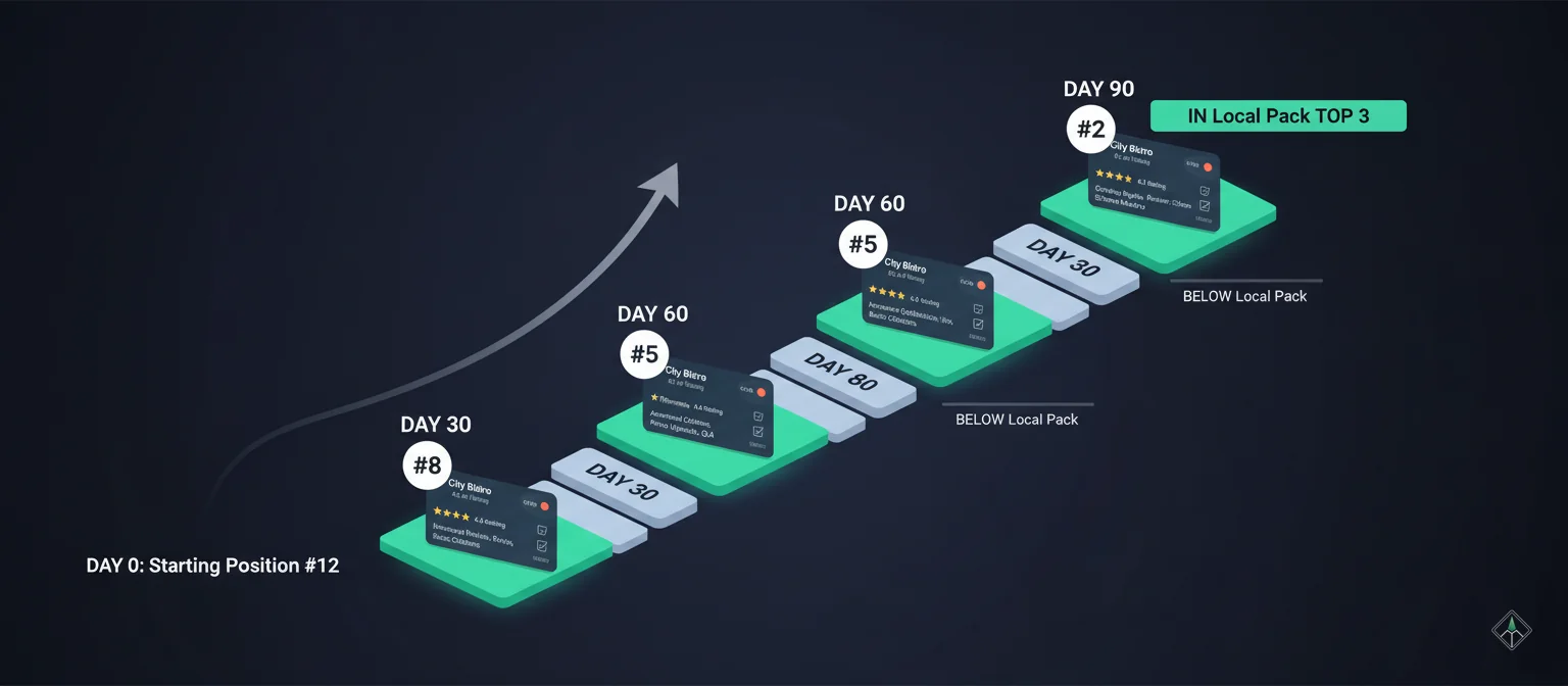 Google Maps ranking improvement timeline - 30/60/90 day tactics and expected position improvements