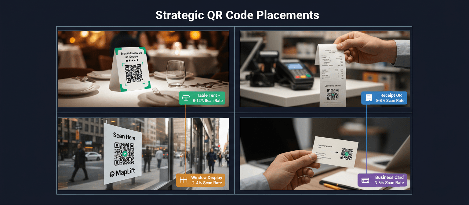 Google review QR code placement examples showing table tent in restaurant, receipt footer, storefront window display, and business card back