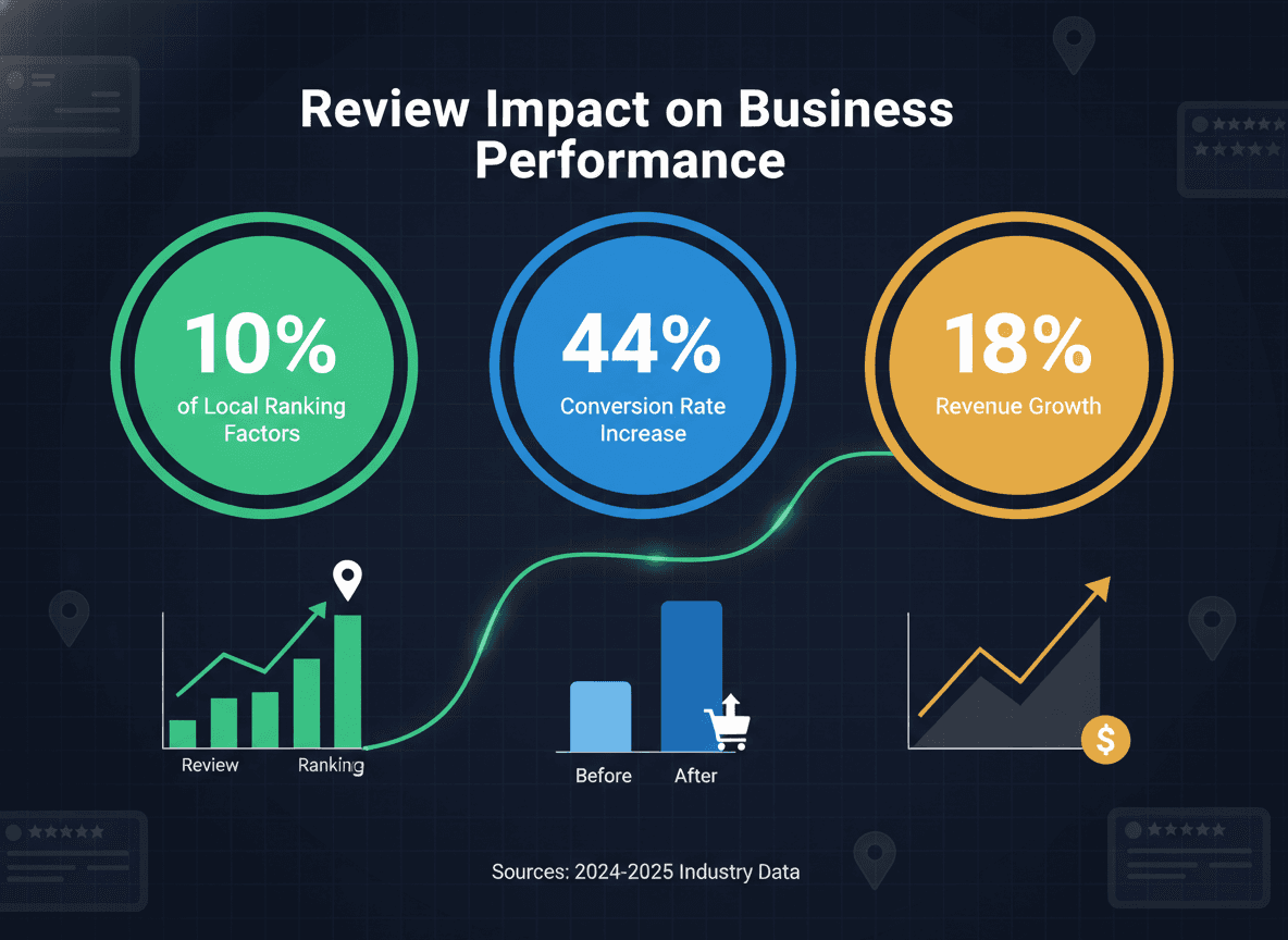 Google reviews impact statistics: 10% of local ranking factors, 44% conversion improvement with one-star increase, 18% revenue growth