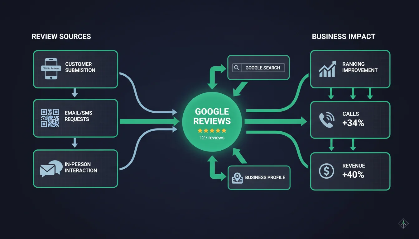 Google Reviews ecosystem diagram showing the interconnected components of review collection, management, and impact