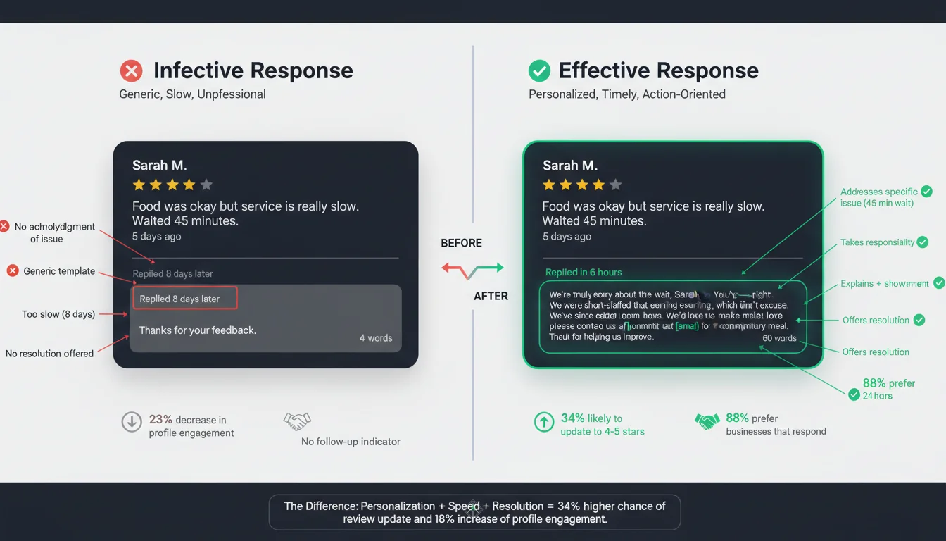 Good vs bad review response examples comparison showing effective and ineffective reply strategies